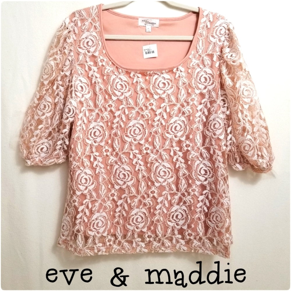 NWT- Eve & Maddie, Lace Overlayed, Puffy Sleeved Top, White and Peach, XL